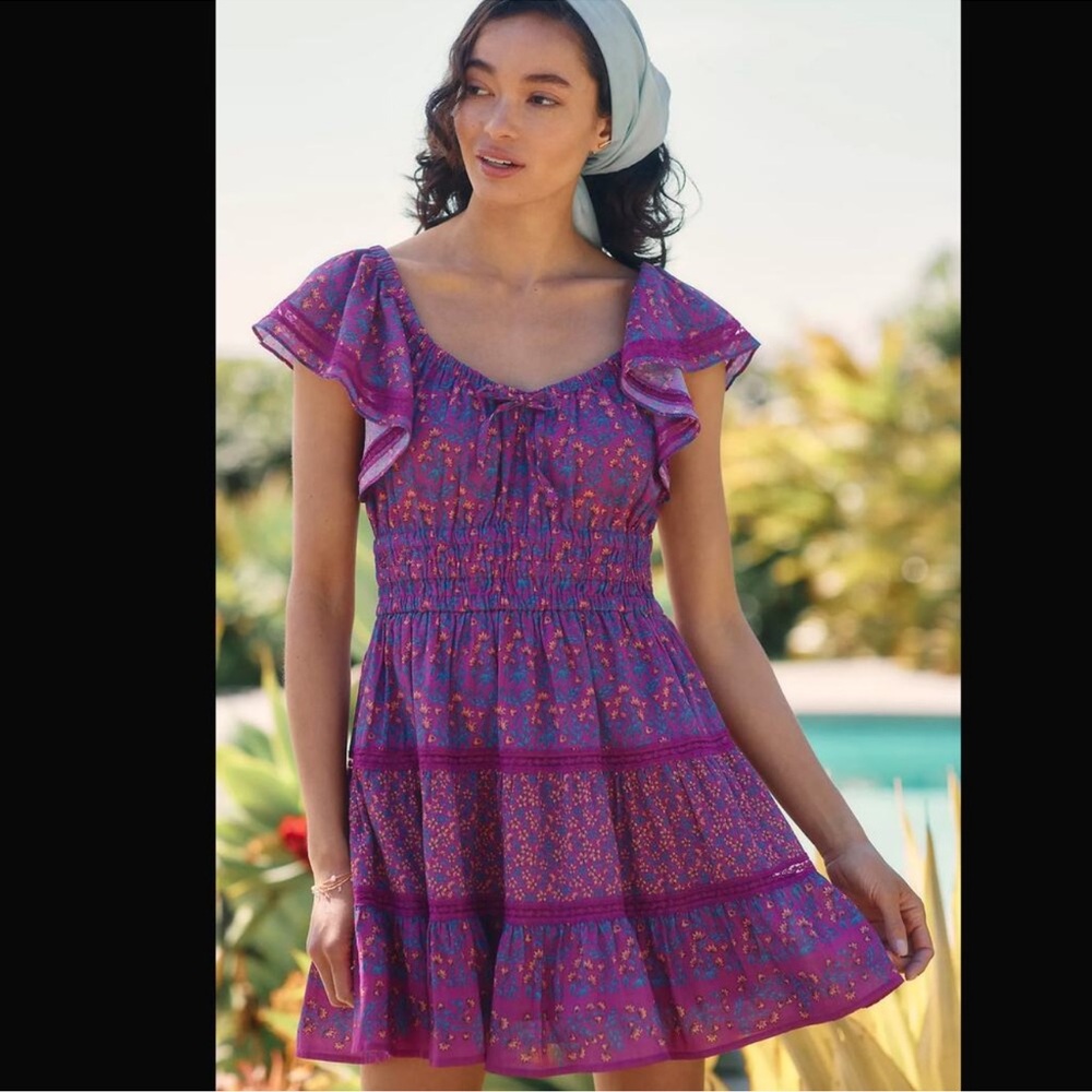 NWT Anthropologie Roller Rabbit Purple Pink Floral Mini Dress - Picture 2 of 11